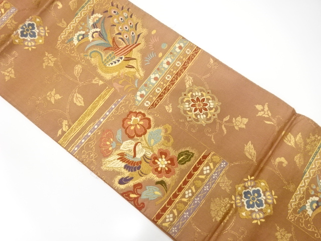 アンティーク　孔雀に鴛鴦・草花模様織り出し袋帯(材料)